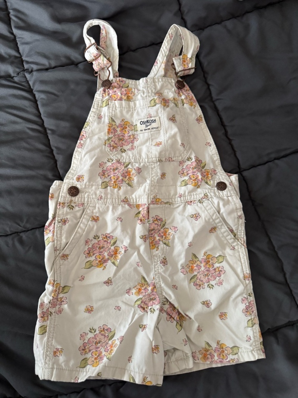 OshKosh B'gosh White Floral Shortall Overalls - Pink Yellow Green